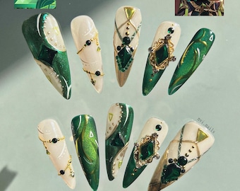 Nefer Genshin Impact Press On Nails | Long Stiletto Nails | Handmade Gel Nails | Luxury Nails | Custom Press On Nails | Emerald Nails