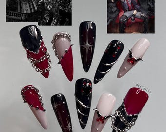 Wriothesley Genshin Impact Press On Nails | Long Stiletto Nails | Handmade Gel Nails | Gothic Nails | Custom Press On Nails | Dark Nails