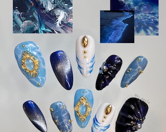 Neuvillette Genshin Impact Press On Nails | Medium Almond Nails | Handmade Gel Nails | Ocean Nails | Custom Press On Nails | Blue Nails