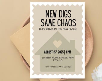 New Digs, Same Chaos | Housewarming Invitation Template | Funny Editable Canva Invite | Instant Download