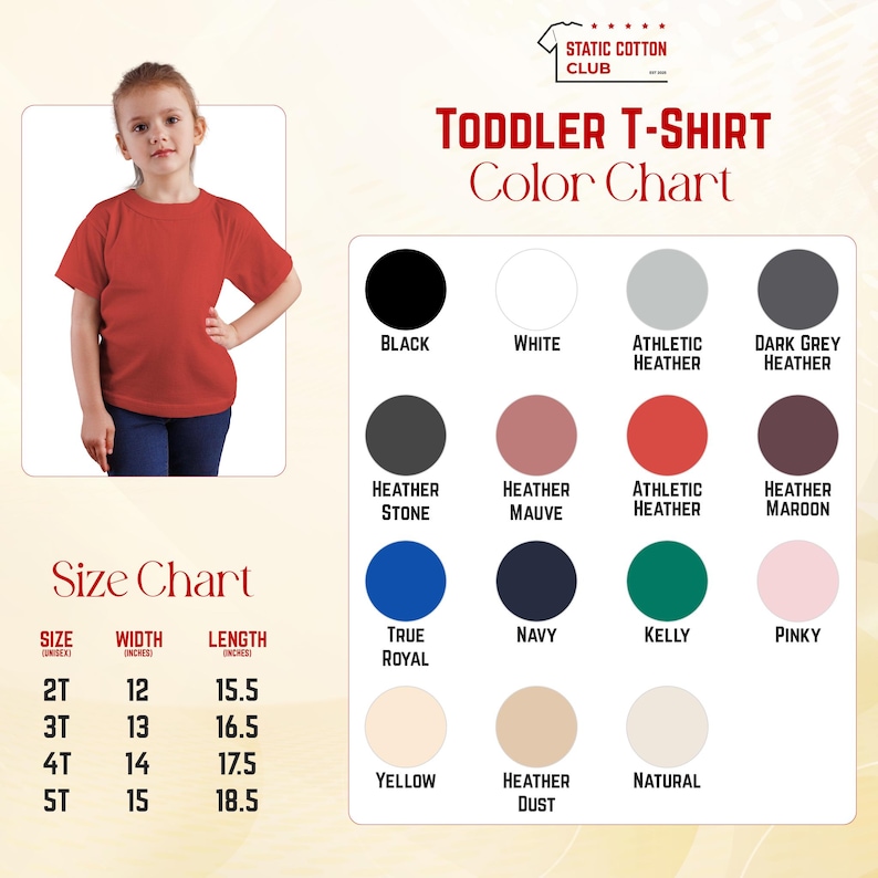 K&ouml;nnte beinhalten: Eine T-Shirt-Farbkarte f&uuml;r Kleinkinder von Static Cotton Club mit einem roten Kurzarm-T-Shirt, einem Raster aus sechzehn Farbfeldern mit Beschriftungen und einer Gr&ouml;&szlig;entabelle, die Breiten und L&auml;ngen in Zoll f&uuml;r die Gr&ouml;&szlig;en 2T bis 5T auflistet.