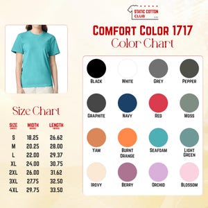K&ouml;nnte beinhalten: Eine Comfort Color 1717 T-Shirt-Farbkarte von Static Cotton Club. Die Tabelle zeigt sechzehn kreisf&ouml;rmige Farbfelder mit den Bezeichnungen Black, White, Grey, Pepper, Graphite, Navy, Red, Moss, Yam, Burnt Orange, Seafoam, Light Green, Ivory, Berry, Orchid und Blossom.