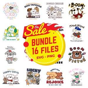 Bundle Cute Rainbow Cat Lover Kid Children Day Birthday Princess SVG T-shirt Digital Design, Bear Animal Bunny Kitten Dog Puddle Pug PNG Tee