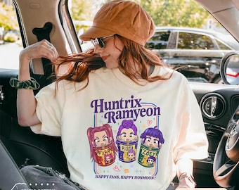 Huntr/x Ramyeon Rumi Zoey Mira Korean Idol Group Fan T-shirt, Kpop Demon Hunters Ramen Happy Honmoon Shirt, Cute Cartoon Huntrix Movie Merch