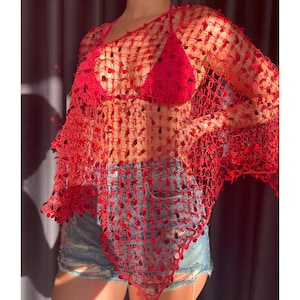 Red Crochet Beach Poncho Top, Handmade Mesh Festival Cover Up, Lightweight Swimsuit Layer, Boho Summer Asymmetrical Wrap for Women