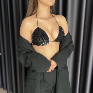 Handmade Black Crochet Sequin Bralette Top for Women, Festival Crop Top, Rave Outfit, Sexy Party Outfit, Summer Statement Top, Halter Style