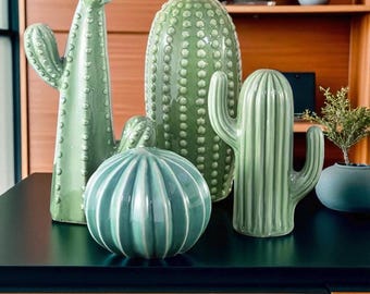 Ceramic Cactus Figurine – Green Decorative Art Sculpture for Home Decor, Shelf Display, Modern Accent, Room Styling, or Photo Props.