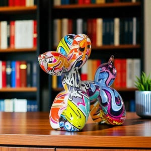 Colorful Balloon Dog Figurine – Resin Graffiti Animal Statue for Modern Home Decor, Desk Ornament, Abstract Art Sculpture Gift Idea.