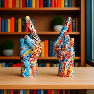 Könnte beinhalten: Zwei Keramik-Handskulpturen, die das Friedenszeichen zeigen. Die Hände sind mit einem lebendigen, abstrakten Design in Blau, Rot, Gelb und Weiß bemalt. Sie stehen auf einer Holzoberfläche mit einem Bücherregal im Hintergrund.