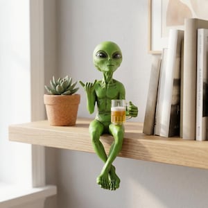 Funny Alien Statue With Drink Cup | Resin Alien Figurine | Novelty Desktop Decor for Office Shelf, Garden, Man Cave, Sci Fi Gift Accent Arts