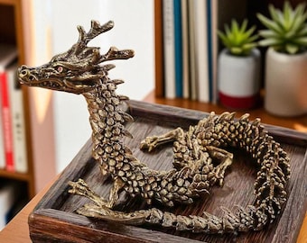 Estatua de dragón de latón 3D con articulaciones móviles, figura antigua de dragón de la suerte para escritorio, decoración de oficina, adorno Feng Shui, regalo para el hogar.