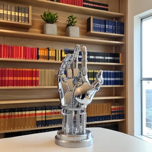 Puede incluir: Una escultura de mano robótica cromada con intrincados detalles mecánicos. La mano está en un gesto de ofrecimiento o saludo. Se encuentra sobre una superficie blanca, con una estantería llena de libros coloridos al fondo.