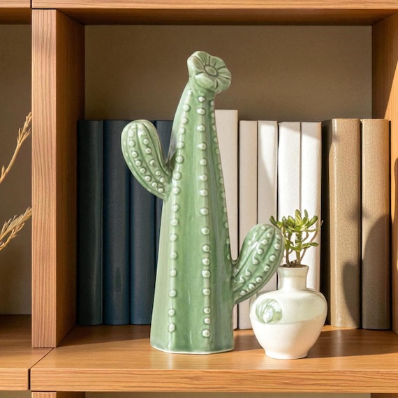 Ceramic Cactus Figurine – Green Decorative Art Sculpture for Home Decor, Shelf Display, Modern Accent, Room Styling, or Photo Props