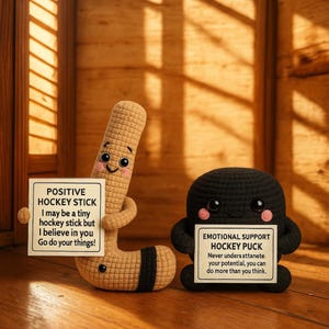 Funny Positive Crochet Hockey Puck, Gift for Boyfriend, Emotional Support Plush, Cute Wool Quote Toy, Cheer Up Present for Hockey Player