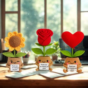 Cute Crochet Flowers for Teacher or Girlfriend, Sunflower Rose Heart Plant, Thank You for Helping Me Grow, Handmade Appreciation Gift