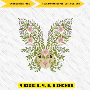 Floral Bunny Embroidery Design, Rabbit Machine Embroidery Pattern, Cute Spring Bunny File, Easter Animal Embroidery, Instant Download