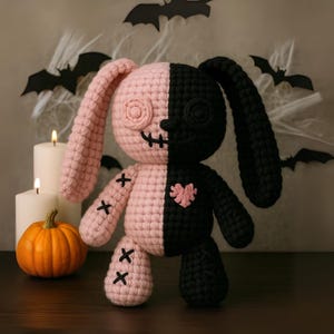 Crochet Gothic Bunny Plush, Handmade Pink and Black Amigurumi Rabbit Doll, Creepy Cute Bunny Stuffed Animal, Alternative Plush Gift Idea
