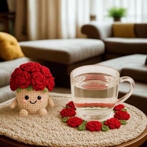 Flower Crochet Coaster Set, Handmade Flower Pot Decor, Yellow Sunflower Cup Mat, Crochet Home Accent, Gift for mom, Mug Rug Decor