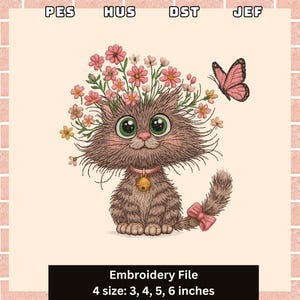 Floral Cat Embroidery Design, Cute Kitten Machine Embroidery File, Cat Lover Gift Idea, 4 Sizes Included, Digital Download, Animal Pattern