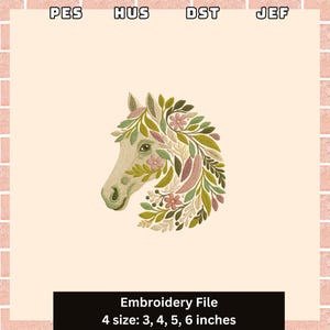 Floral Horse Embroidery Design, Horse Head Machine Embroidery File, Boho Animal Pattern for Clothing, Instant Download, Includes 4 Sizes