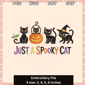 Spooky Cat Embroidery Design, Halloween Black Cat with Pumpkin and Witch Hat, Just a Spooky Cat Embroidery Pattern, Digital Download