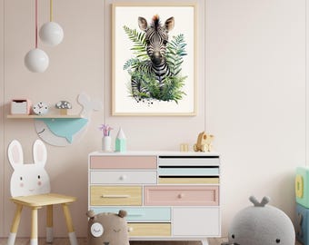 Babyzebra print | Jungle safari dieren muurkunst | Boho kinderkamerdecoratie | Digitale download (afdrukbare kunst)