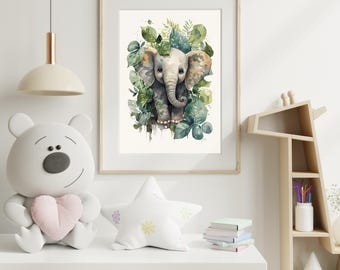 Baby Elephant Nursery Print | Jungle Safari Animal Wall Art | Boho Nursery Decor | Digital Download (Printable Art)