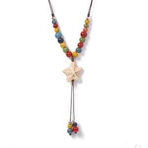White Star Ceramic Pendant Necklace - Handmade Boho Jewelry with Colorful Long Adjustable Chain