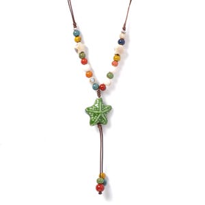 Green Star Ceramic Pendant Necklace - Handmade Adjustable Boho Jewelry for Women