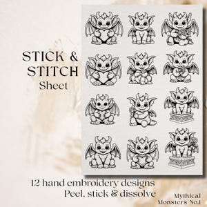 Süßer Stick & Stitch Bogen | Wasserspeier Stickerei | Niedliche Monster Designs | Hand Stickmuster | Wasserlöslich A4