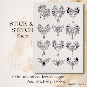 Könnte beinhalten: Ein Bogen mit 12 handgestickten Designs im Gothic-Stil. Die Designs umfassen Herzformen mit floralen, Spinnennetz-, Schädel- und Fledermausmotiven. Der Text "STICK & STITCH Sheet" steht oben, und "Peel, stick & dissolve" steht unten. Das Blatt ist mit "Gothic No.4" beschriftet.
