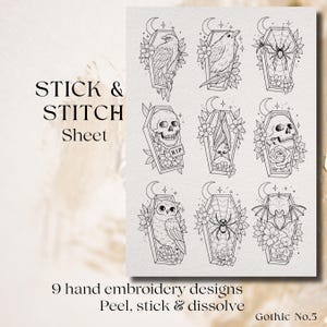Gothic Stick & Stitch Druckbogen | Sarg Stickerei | Schädel Rabe Blumenmuster | Hand Stickmuster | Wasserlöslich A4