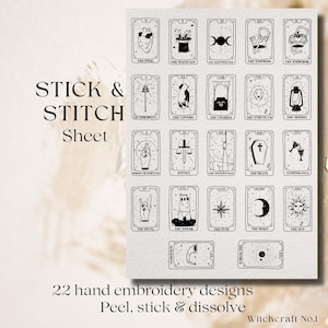 Foglio di ricamo Witchy Stick & Stitch / Ricamo di carte dei tarocchi / Disegni degli Arcani Maggiori / Schema per ricamo a mano / Autoadesivo idrosolubile A4