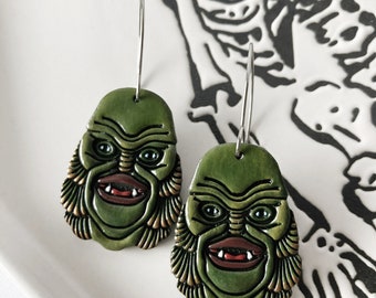 Creature Earrings, Black Lagoon, Monster Jewelry, Clay Earrings, Polymer Clay Earrings, Statement Earrings, Rockabilly Earrings, Creature