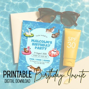 Pool Party Birthday Invitation: Summer Swim Animal Theme (Canva Template, Instant Download)