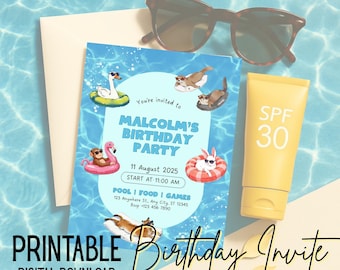 Pool Party Birthday Invitation: Summer Swim Animal Theme (Canva Template, Instant Download)