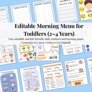 May include: A collection of printable educational pages for toddlers, featuring shapes, numbers, and daily routine charts. The pages are designed with colorful illustrations and the text "Editable Morning Menu for Toddlers (2-4 Years)".