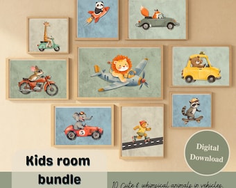 Barnrumstavlor med djur i fordon: Retro transportkonst (digital nedladdning)