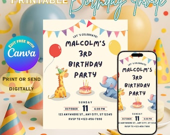 Dierlijke verjaardagsuitnodiging | Canvasjabloon kinderfeestje (digitale download)