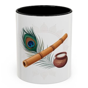 Krishna Symbols Coffee Mug: Peacock Feather, Lotus Mandala Design