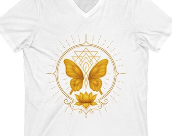 Golden Mandala V-Neck Tee: Butterfly Lotus Design, Spiritual T-Shirt