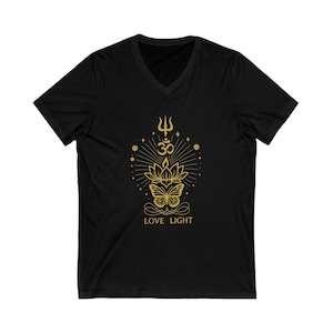May include: Black V-neck t-shirt with a gold graphic design. The design features a lotus flower, butterfly, Om symbol, and the text "LOVE LIGHT". The shirt is made of a soft material.