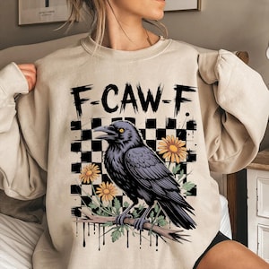 Crow Raven PNG, F-CAW-F Funny Halloween Png, Gothic Floral Checkered PNG, Sublimation Design Png, Crow Bird Humor Png, Digital Download Png