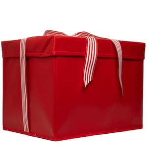 May include: A large, rectangular red gift box with a matching lid. The box is wrapped with a white and red striped ribbon tied in a bow. The box is a solid, glossy red colour.