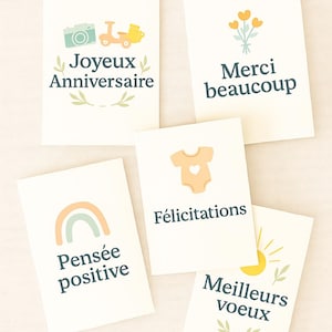 Cartes de vœux à imprimer – Pack 5 modèles PDF (Anniversaire, Merci, Naissance, Pensée positive, Vœux)
