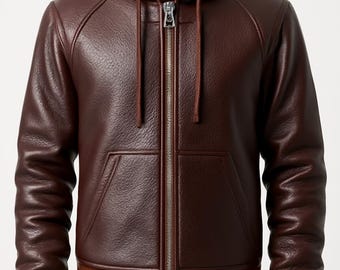Men's brown leather hooded jacket zip up hoodie genuine leather bomber fall outerwear.