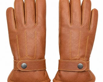 Brown Leather Driving Gloves: Adjustable Snap Wrist, Warm Winter Gloves