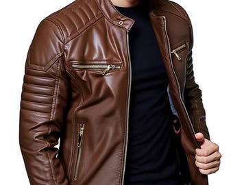Men's Brown Leather Cafe Racer Jacket: Slim Fit Motorcycle Style