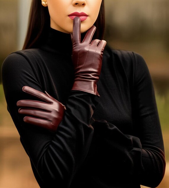 Burgundy Leather Dress Gloves, Soft Genuine Leather, Winter Fashion