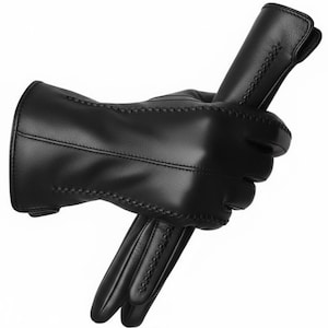 May include: A pair of black leather gloves with detailed stitching. The image shows a close-up of the gloves, emphasizing the smooth texture and design. The gloves appear to be new and unused.